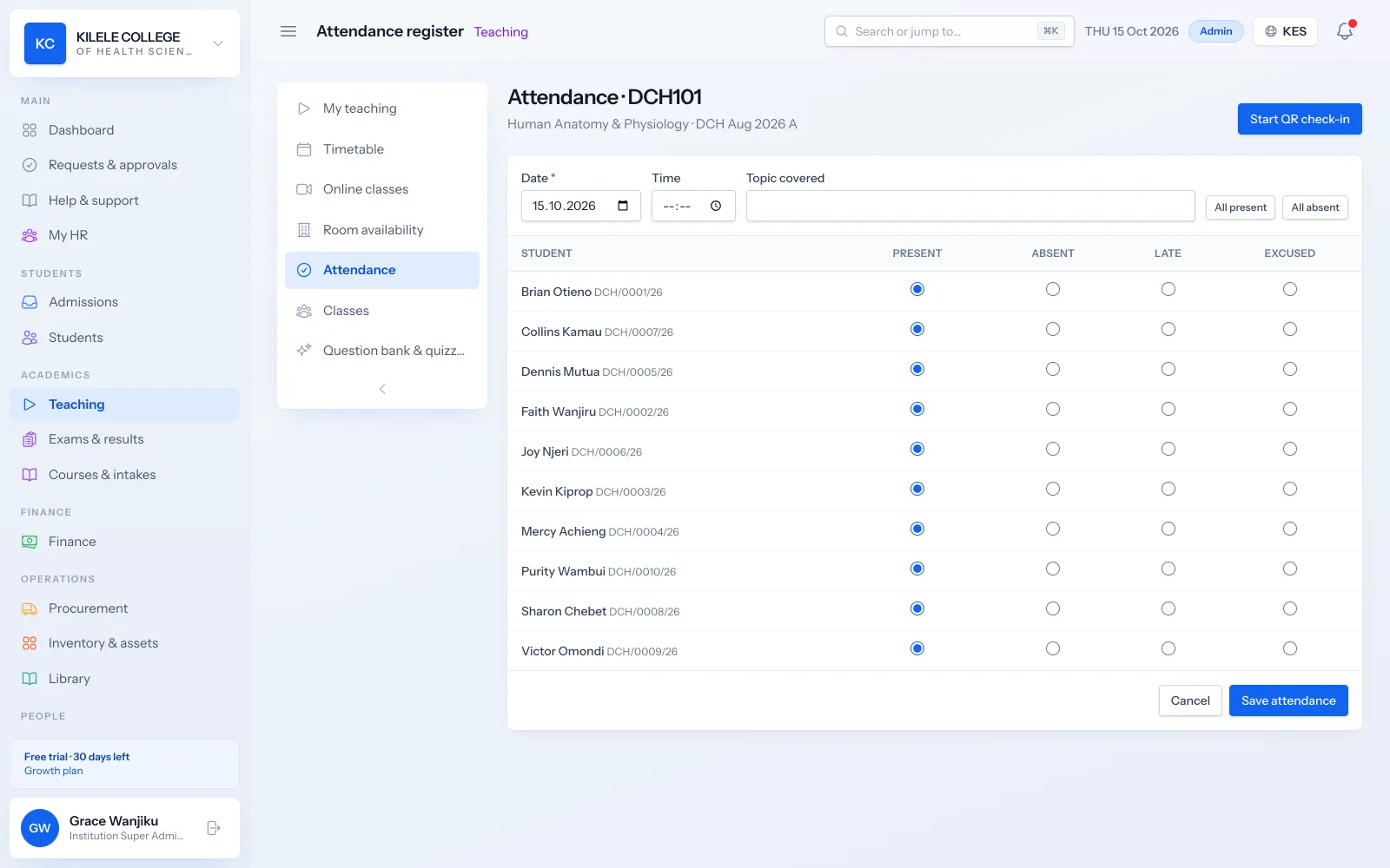 Soma360 Attendance management screen