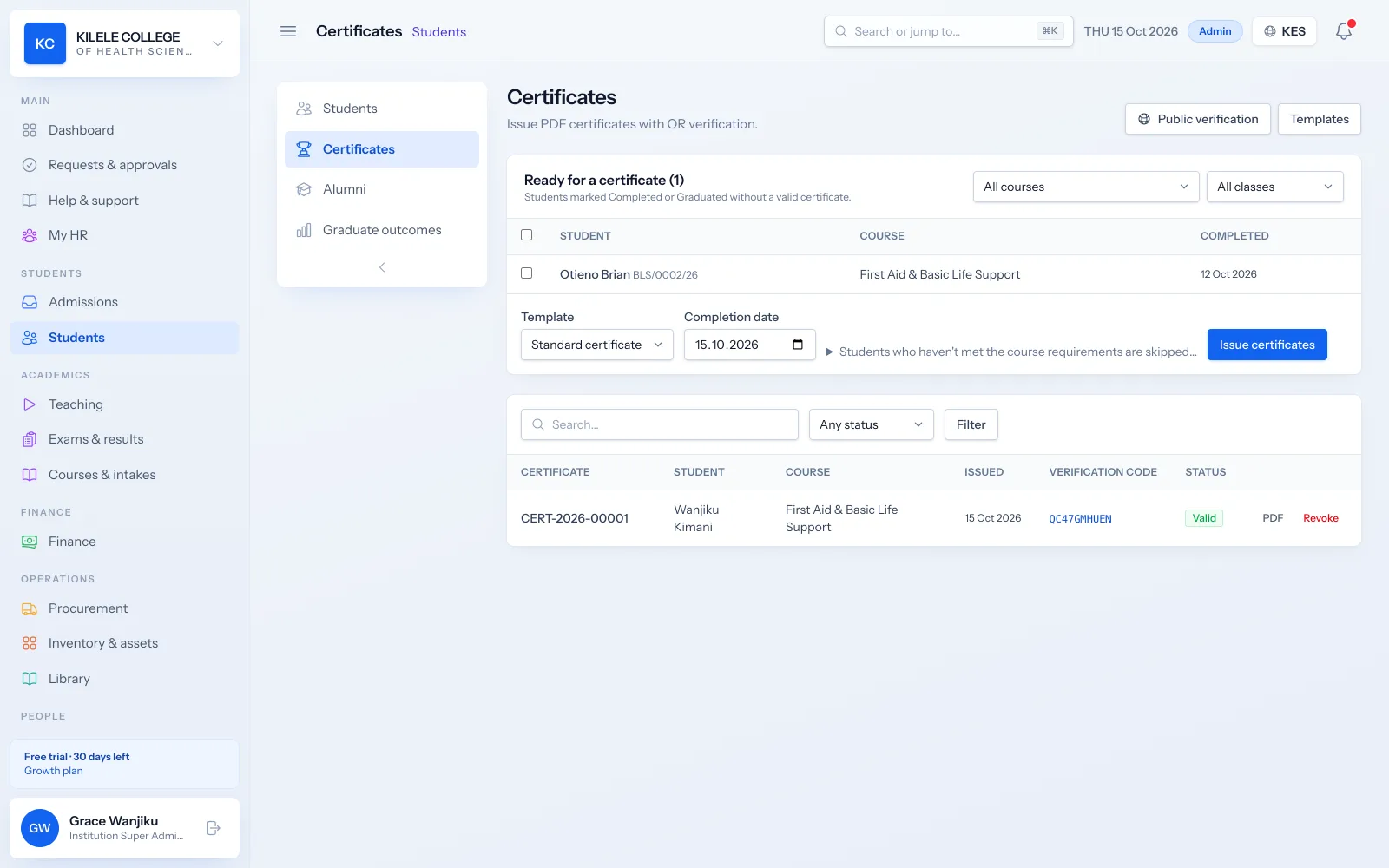 Soma360 Certificates & verification screen