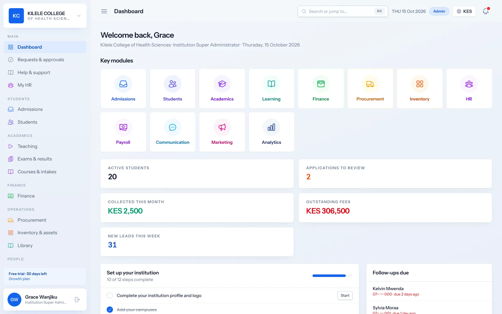 Soma360 dashboard showing key modules, active students, applications to review and fee collections