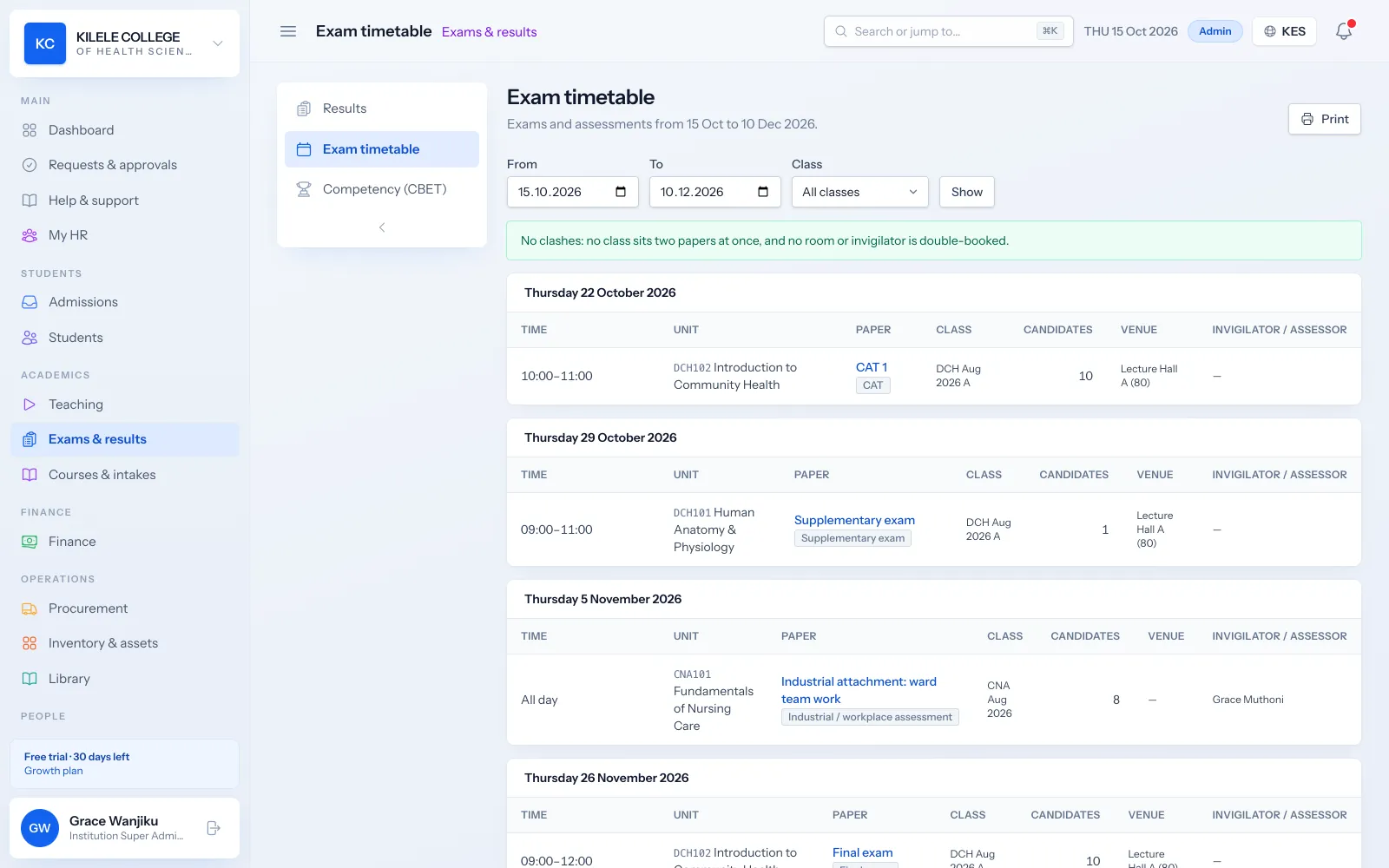 Soma360 Timetabling screen