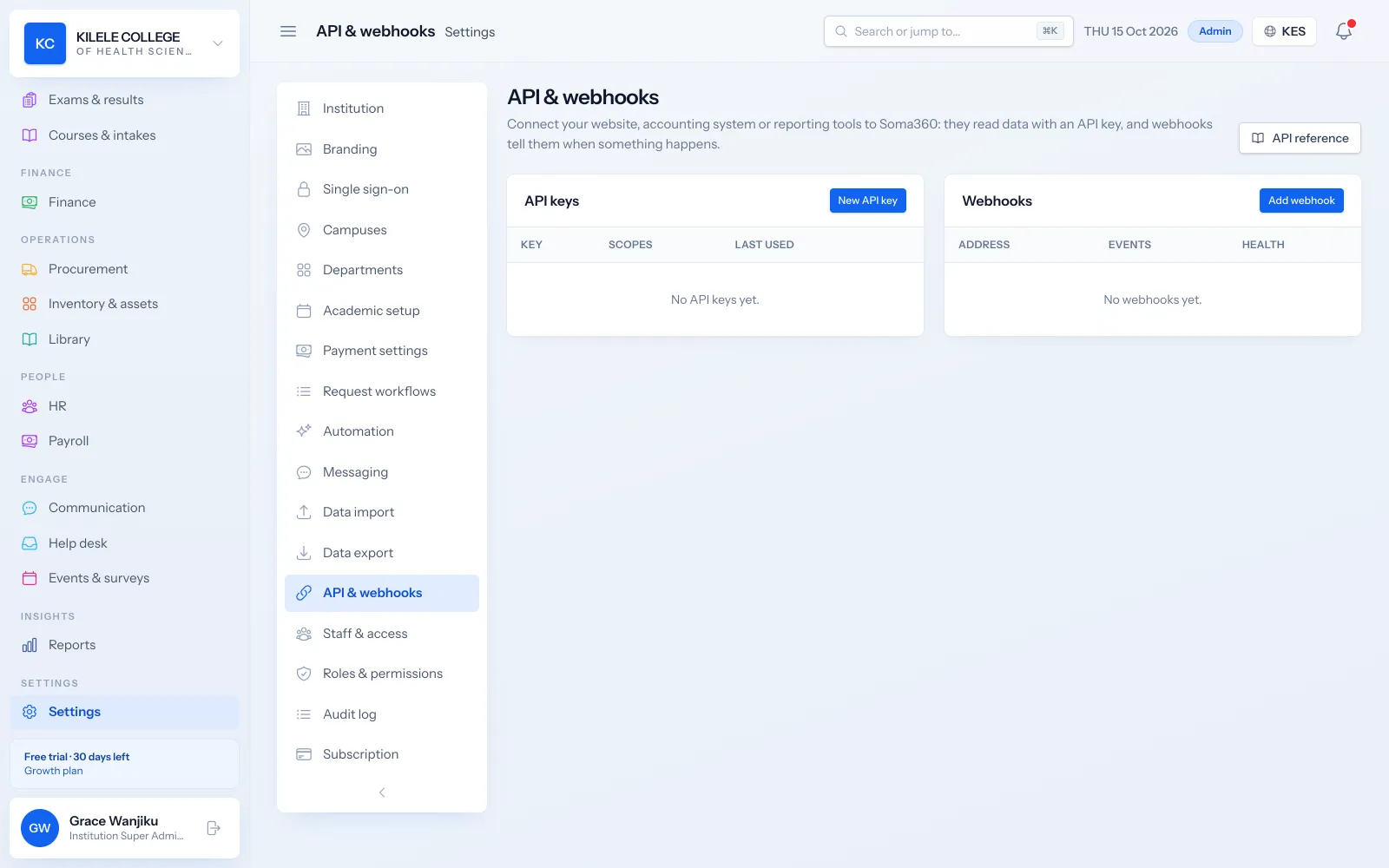 Soma360: API and webhooks