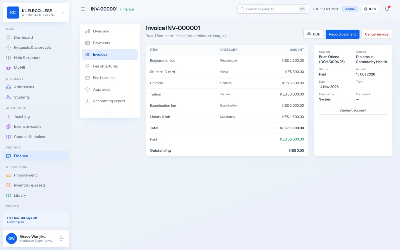 Soma360: Student invoices