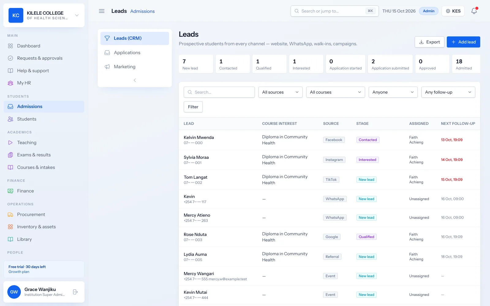 Soma360 Admissions & CRM screen