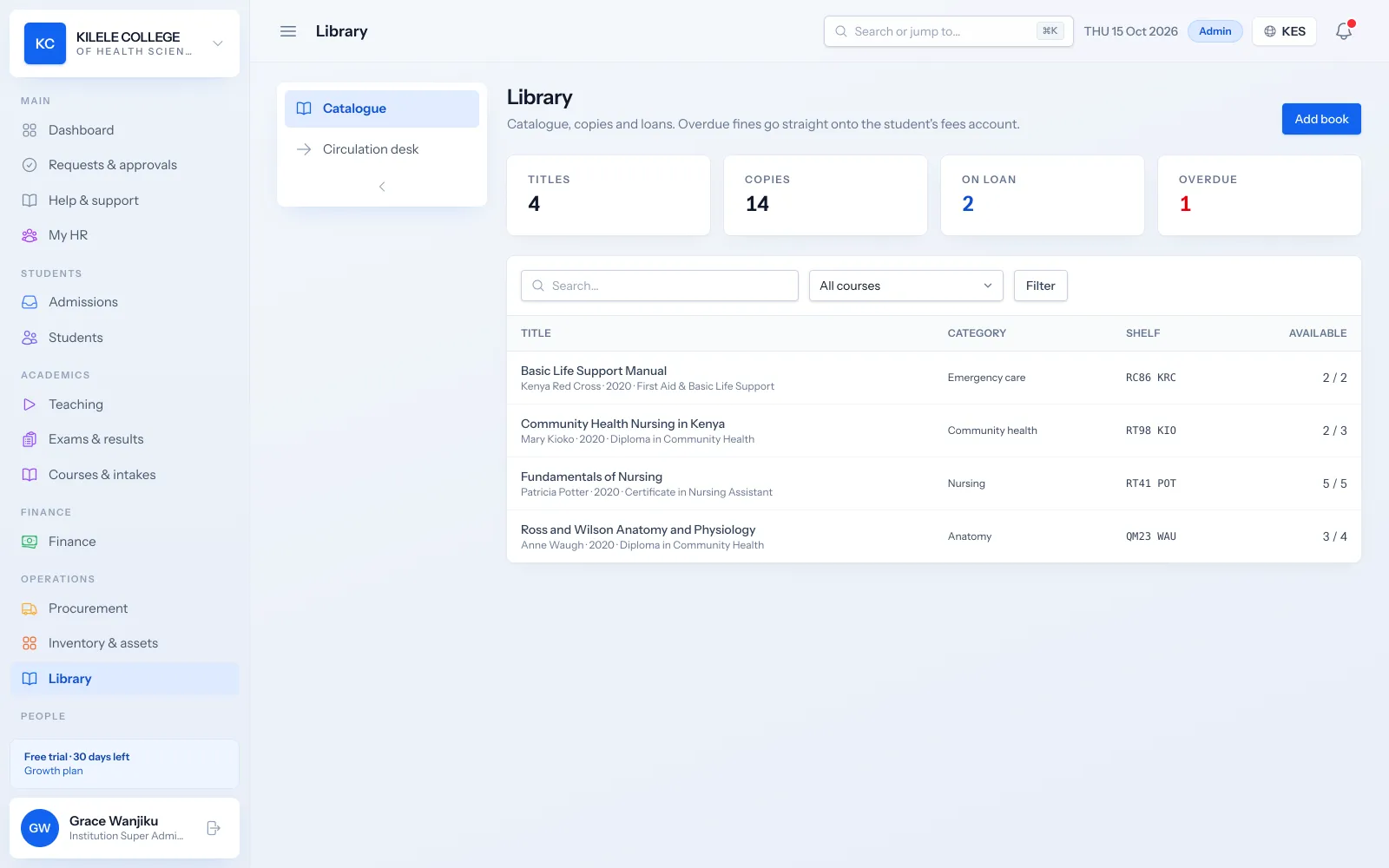 Soma360 Library, help desk, events & surveys screen