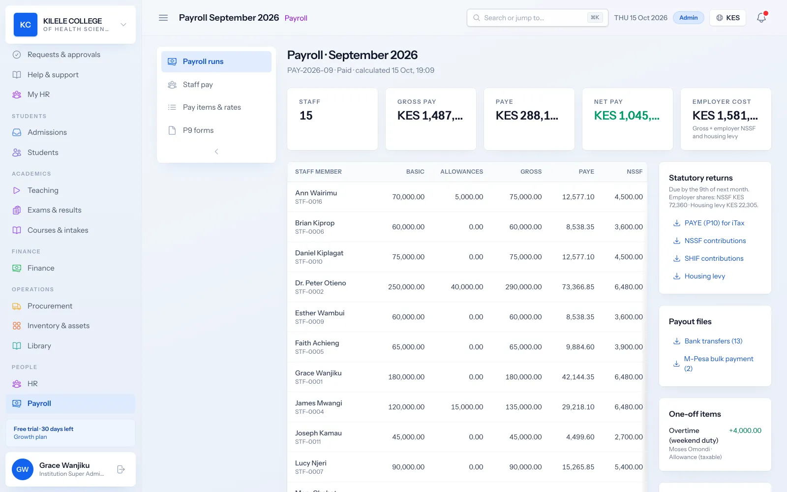Soma360 Payroll screen