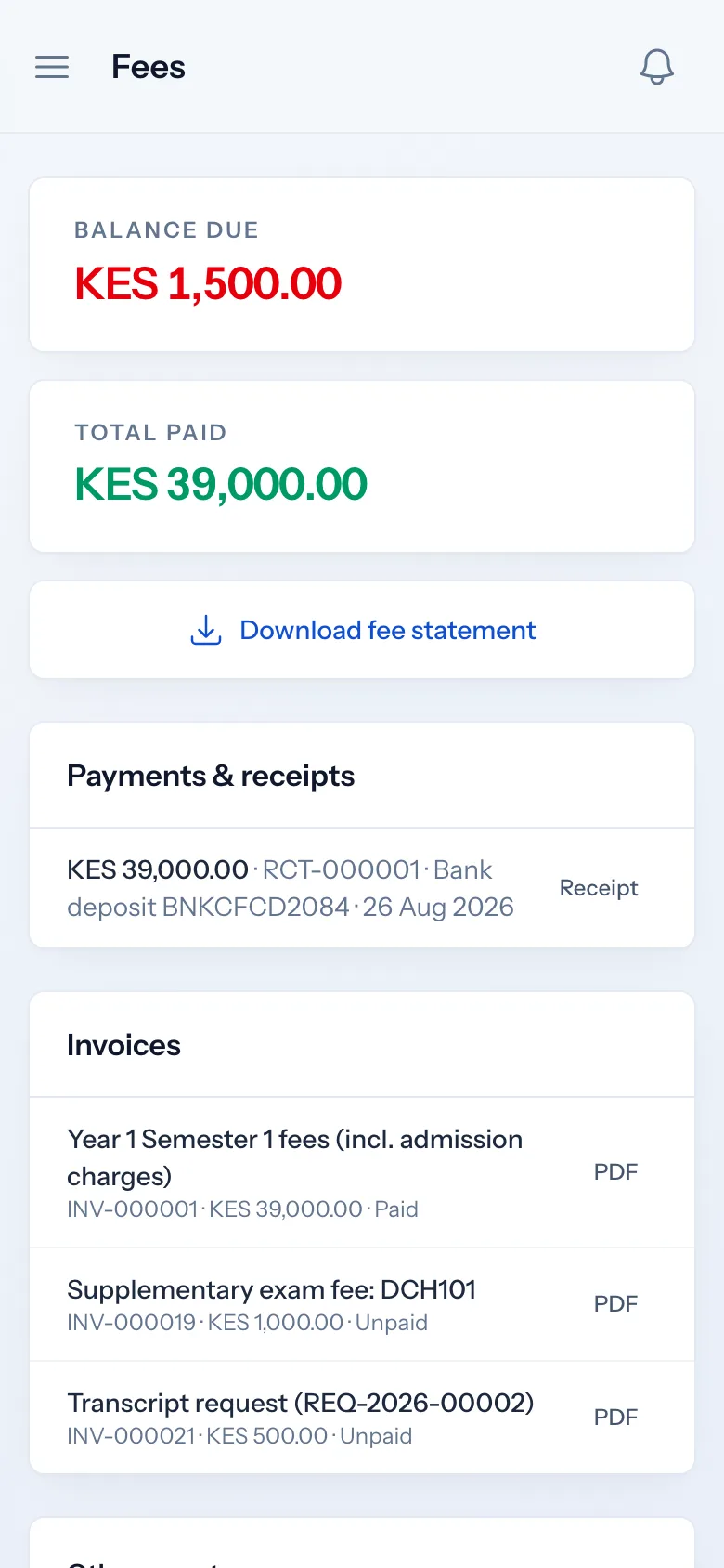 Student fee statement with balance due and M-Pesa receipts