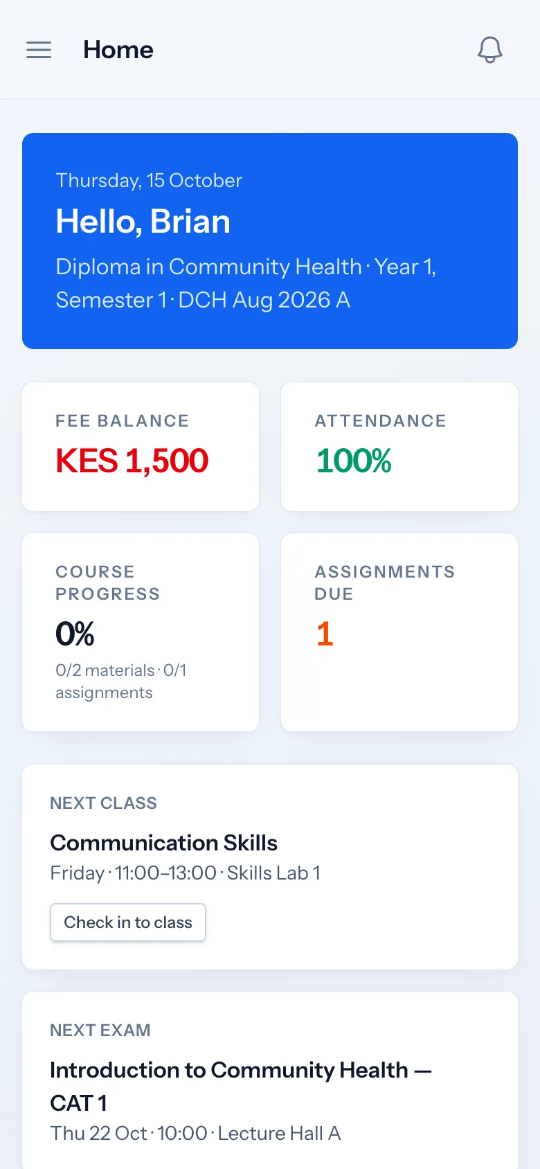 Student portal on a phone showing fee balance, attendance and the next class