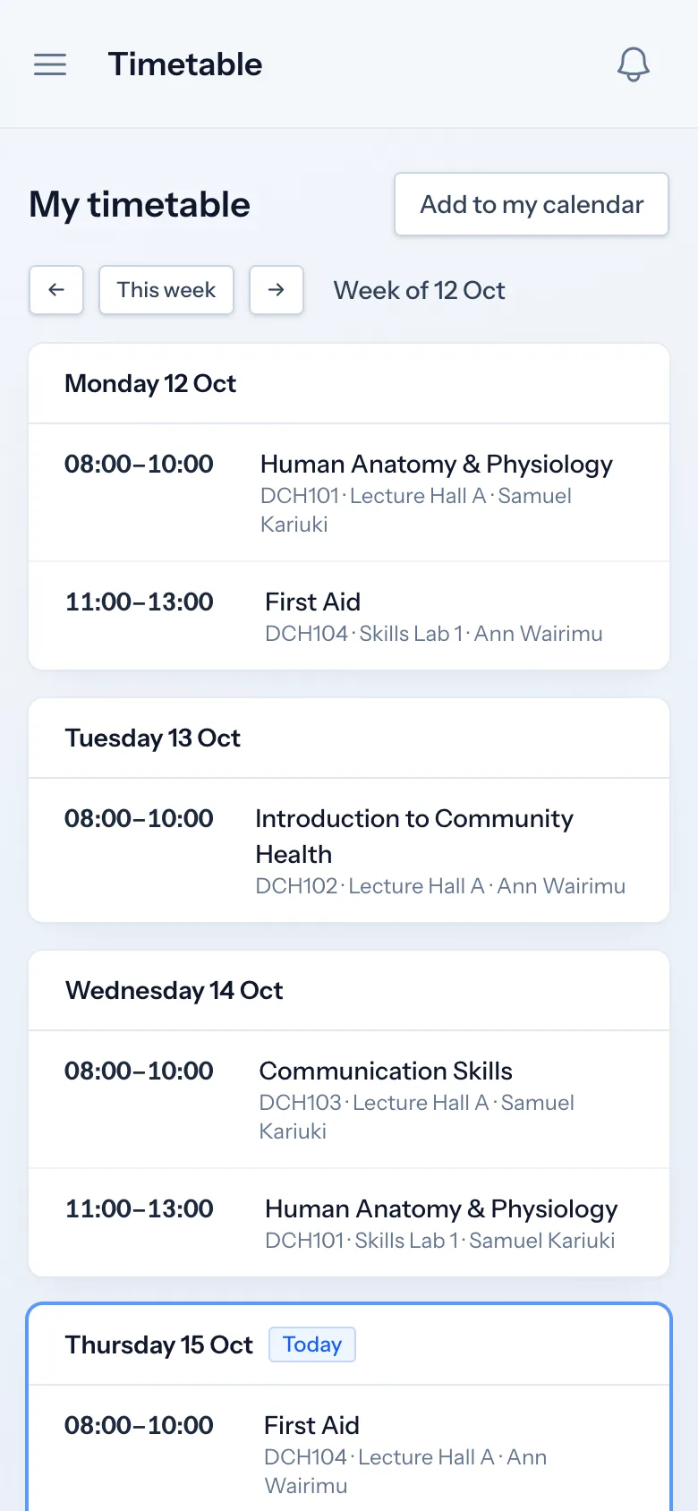 Student weekly timetable with lessons and rooms